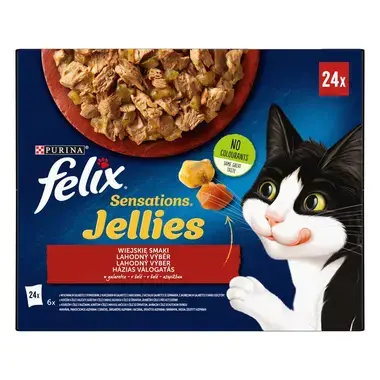 Felix Sensations Jellies multipack výběr - hovězí s rajčaty, kuře s mrkví, kachna, jehněčí v lahodném želé 24x85 g