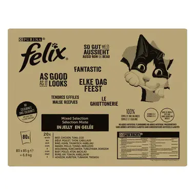 FELIX Fantastic Multipack s hovězím, kuřecím, tuňákem, treskou v želé 80x85g