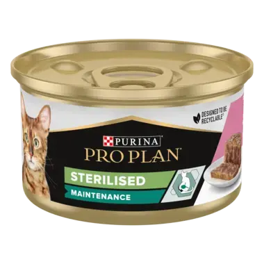 PURINA® PRO PLAN® CAT Adult Sterilised Maintenance, konzerva s tuňákem a lososem v paštice