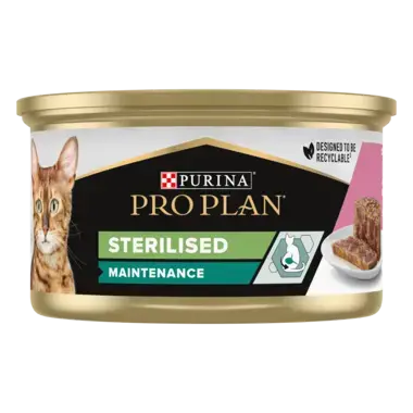 PURINA® PRO PLAN® CAT Adult Sterilised Maintenance, konzerva s tuňákem a lososem v paštice